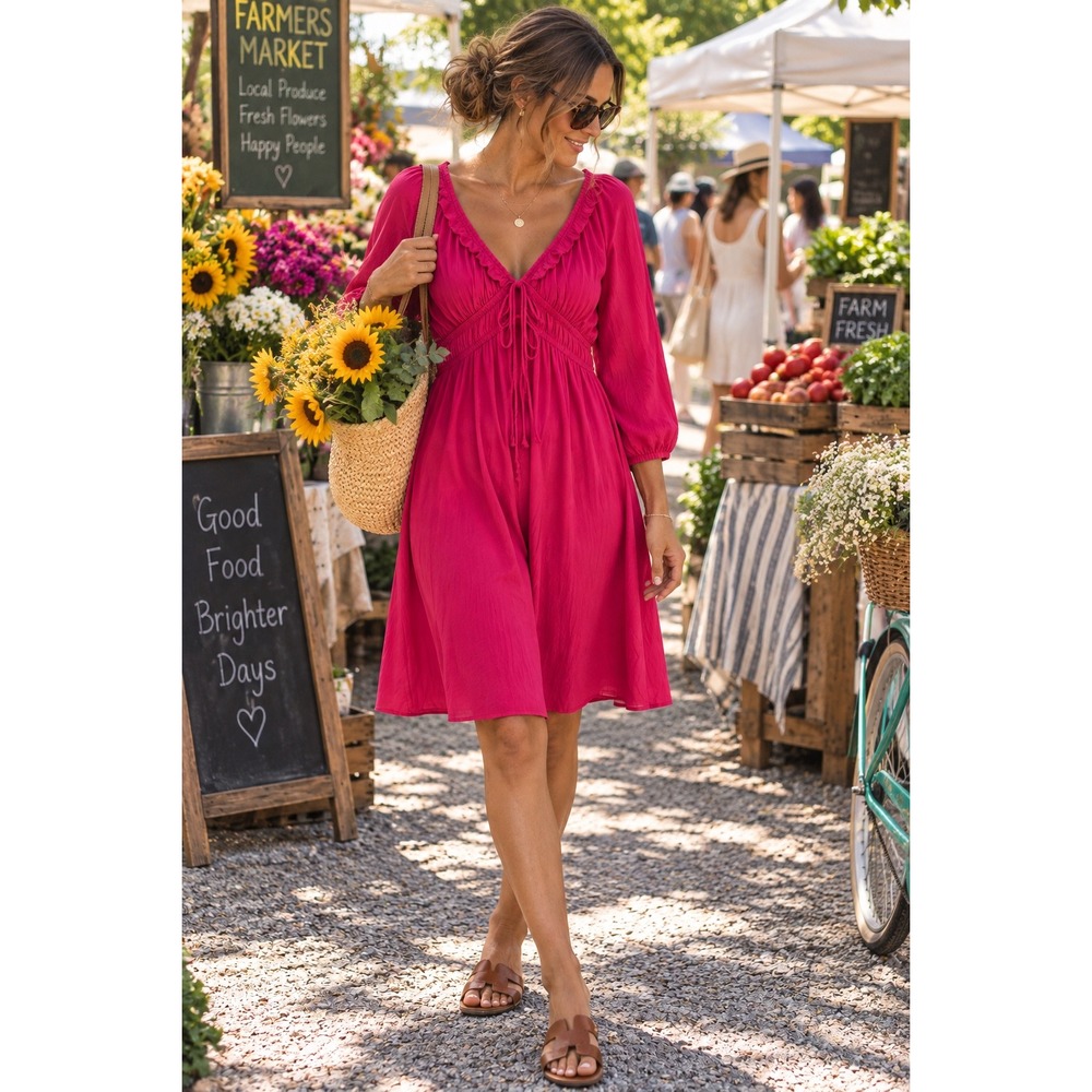 Universal Thread Womens Pink Linen Blend V-Neck Tie Front Midi Dress Size M
